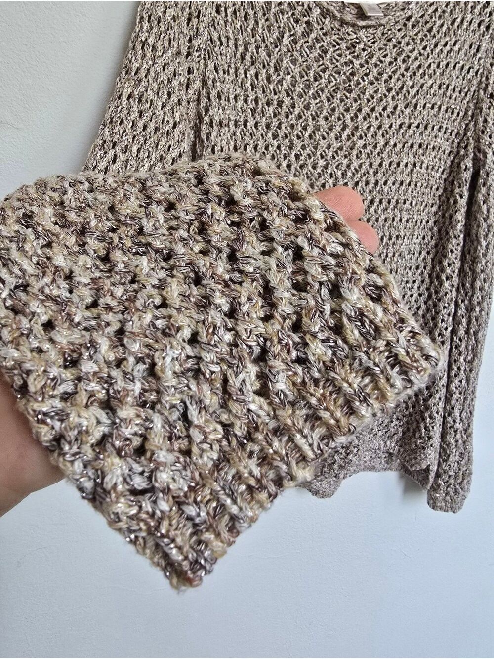 Kenar Open Knit Metallic Sweater XL Beige Marled Boho Crochet - Picture 8 of 14
